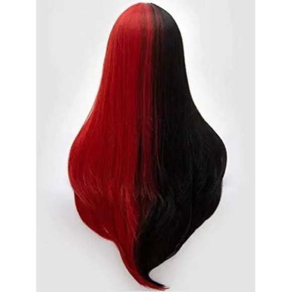 Half Red Half Black Split Dye Hair Wig with Bangs - Picture 5 of 6